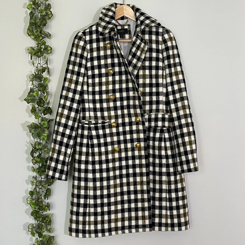 J. CREW | COAT MIDI PLAID BLACK CREAM WOOL SIZE 0 - Picture 1 of 11